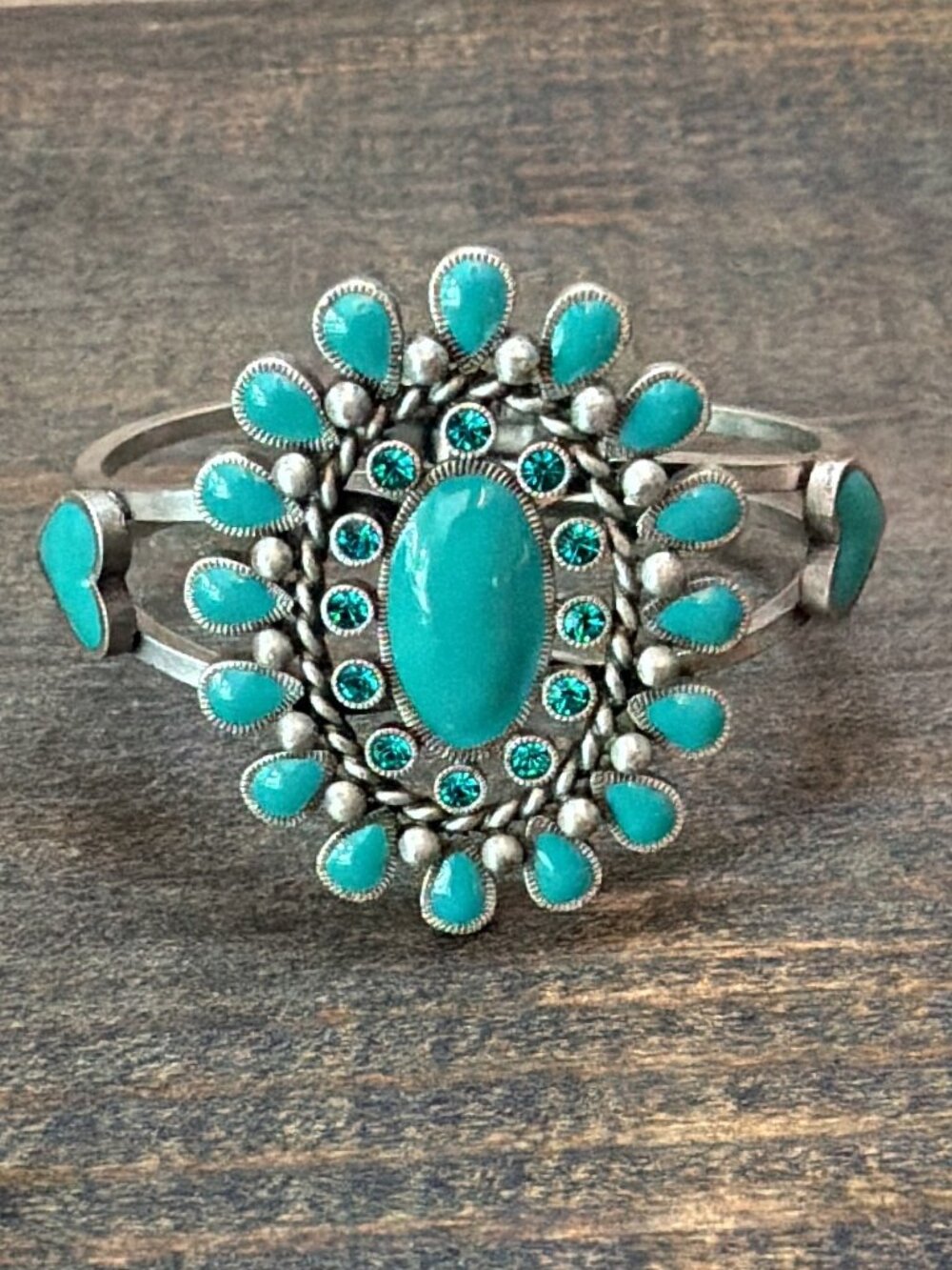 Vintage 70s Southwest Style Turquoise Spring Clamp Bracelet Rhinestone Accent